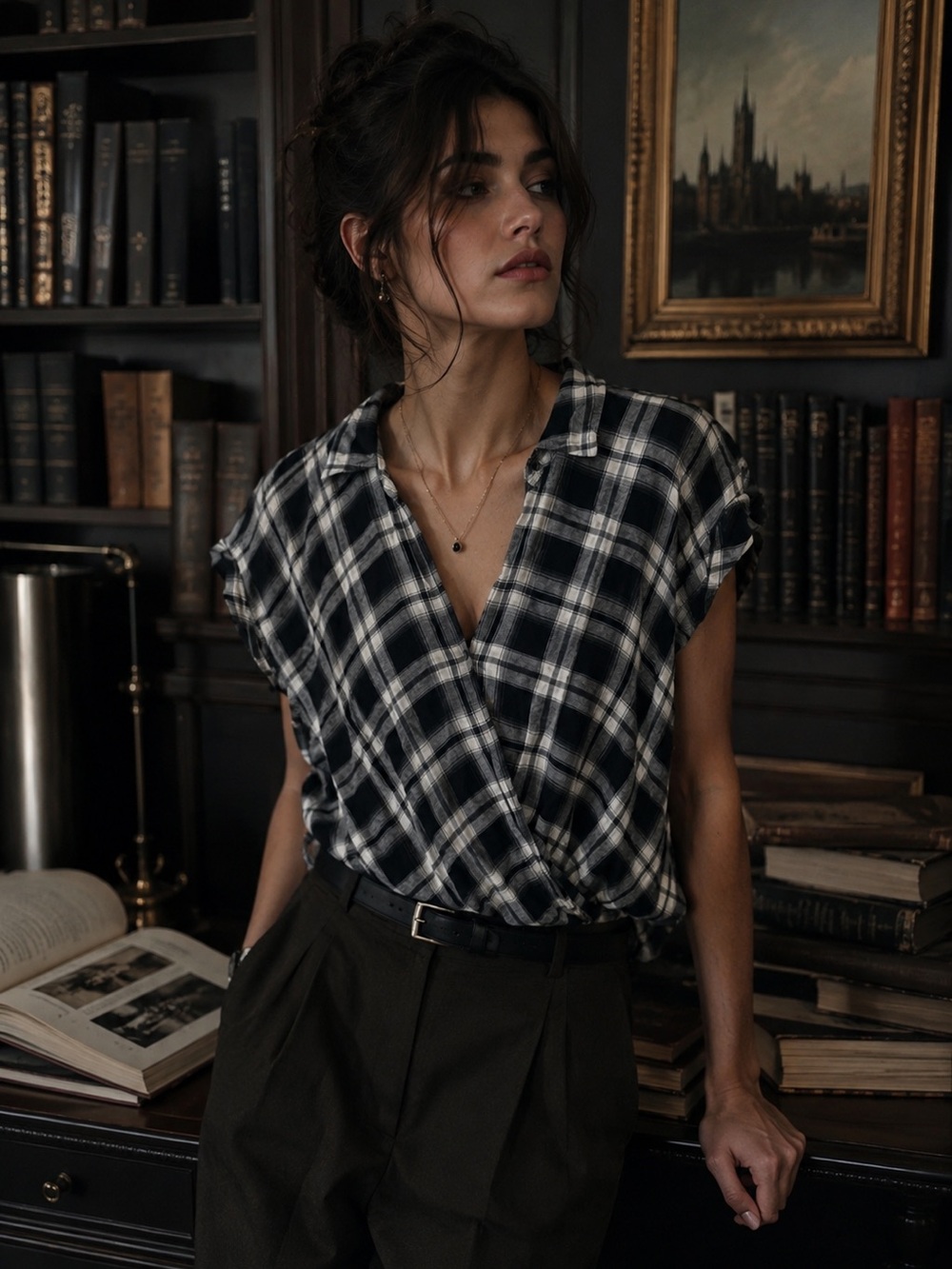 Hollister Black and White Plaid Wrap-Front Blouse